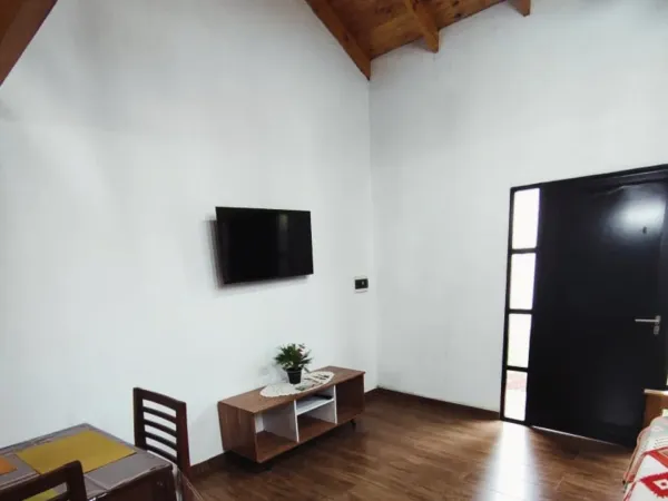 Living con techo de madera a dos aguas en departamento loft de Yvyra, Puerto Iguazú